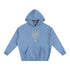 Blue hoodie with a gold geometric design on a white background